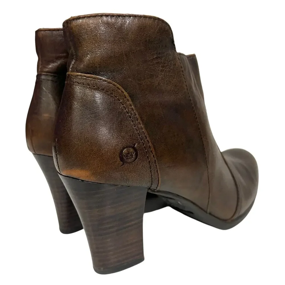 Born Brown Leather Boots Booties Block Heel Ankle‎ Claire Womens Size 9.5 M